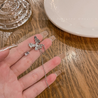蝴蝶流苏锆石不对称耳钉(银针) 不对称流苏蝴蝶锆石耳钉套装女高级感轻奢气质耳饰时尚个性耳骨夹