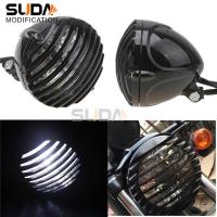 白色镜片 摩托车配件哈雷巡航太子车复古改装金属前大灯头灯总成带栅栏灯罩