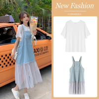 两件套 M[建议80-100斤] 大码韩版牛仔连衣裙两件套女夏季胖mm宽松显瘦休闲短袖背带裙套装