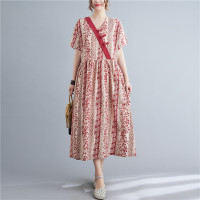 红色 M[100-120斤] 棉麻印花拼接褶皱连衣裙夏大码女装V领斜襟拼色盘扣亚麻长款裙子