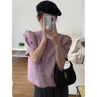 紫色 均码 小香风短袖上衣女韩国chic设计感小众爱心纽扣双排扣泡泡袖短外套