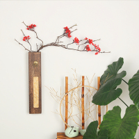 迎春花红色+花器 实木插花瓶仿真假花墙面卧室背景玄关墙壁挂件装饰摆件客餐厅中式