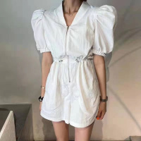 白色 均码 韩国工装风连体裤短裤女夏季立领拉链抽绳收腰泡泡袖短袖连衣裙裤