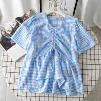 天蓝色 1XL[推荐120-140斤] 2022夏季大码女装洋气短袖蓝色格子衬衫女抽绳收腰上衣遮肚子小衫