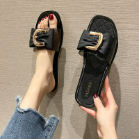 蝴蝶扣-黑色[耐穿防滑] 36 (偏小一码) 凉拖鞋女夏季外穿平底防滑百搭蝴蝶结仙女风时尚沙滩一字凉鞋夏天