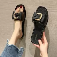 蝴蝶扣-黑色[耐穿防滑] 36 (偏小一码) 凉拖鞋女夏季外穿平底防滑百搭蝴蝶结仙女风时尚沙滩一字凉鞋夏天