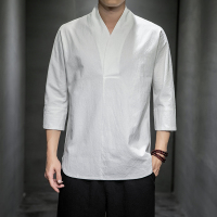 白色 M 中国风汉元素大码短袖七分袖T恤汉服男士中式唐装僧侣禅修居士服
