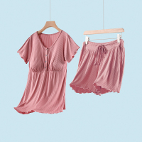 豆沙-莫代尔暗扣短袖+短裤 M 哺乳短袖短裤套装孕妇睡衣怀孕期夏季薄款半袖月子服产后喂奶大码
