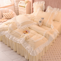 洛洛可-奶黄 学生宿舍三件套[被套适合150*200被芯] 南通家居四件套床裙款夏季少女心公主风床单被套春秋床上用品裸睡