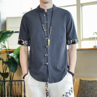 深灰色 M 男士亚麻短袖衬衫套装中国风休闲中袖大码唐装外套男士棉麻衬衣夏