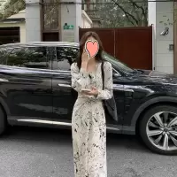 杏色 M 春款孕妇装雪纺印花连衣裙女夏季法式打底上衣高腰开叉v领长裙子