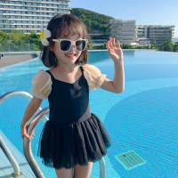 黑色(含泳帽) 100[建议身高85-95cm] 2022儿童泳衣女孩公主泡泡袖连体纱纱裙式游泳衣中大童温泉泳装