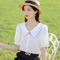 白色 S 雪纺衫女短袖气质2022年春夏装娃娃领白衬衫洋气宽松小衫百搭上衣