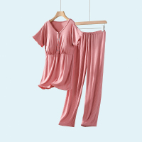 豆沙色—莫代尔暗扣短袖+长裤 M 月子服短袖长裤套装孕妇睡衣怀孕期产后喂奶家居服哺乳春夏季薄款