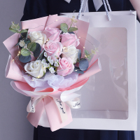 甜蜜粉 粉白玫瑰混色 玫瑰花束送女老师朋友生日仿真尤加利香皂肥皂假花礼盒装节日礼物
