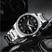 银色钢带黑面镶钻面 蒂西尼男士金色镶钻面钢带手表男时尚双日历石英表防水男表非机械