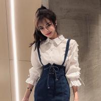 单衬衫 均码 春装小个子时尚镂空蕾丝珍珠扣衬衫+高腰包臀鱼尾牛仔背带裙套装