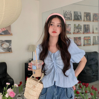 蓝色高品质 M 遮肚子短装上衣女胖mm2022夏季v领韩版抽绳短袖衬衫小众棉质小衫