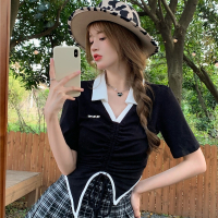 黑色 S[建议80-90斤] 胖mm设计感不规则抽绳褶皱甜辣上衣女大码撞色Polo领短袖修身T恤