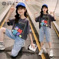 百思寒女童短袖t恤2022新款纯棉宽松半袖上衣中大童体恤夏装洋气