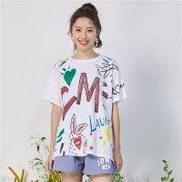 CACHE CACHE卡通涂鸦印花T恤女短袖夏装新款韩版宽松中长上衣体恤