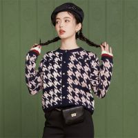 CACHE CACHE小香风千鸟格针织开衫外套春秋圆领长袖短款外穿毛衣