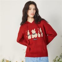 CACHE CACHE秋冬季宽松韩版连帽时尚百搭三只兔子卡通针织衫外套