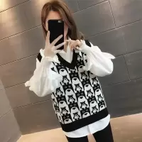 CACHE CACHE春装针织马甲卡通图案背心女时尚宽松坎肩毛衣洋气针织衫