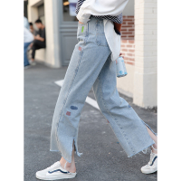 CACHE高腰开叉刺绣直筒牛仔长裤女2022韩版时尚宽松显瘦阔腿百搭