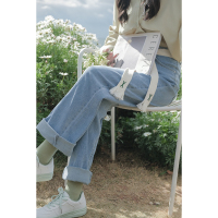 CACHE高腰蓝色牛仔裤女2022春复古时尚学院风休闲百搭宽松阔腿直