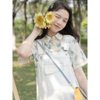 CACHE港风短袖碎花衬衫女2022年春新款韩版单排扣POLO领小清新