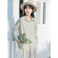 CACHE长袖绿条纹衬衫女2022年学院风法式时尚洋气百搭宽松POLO领