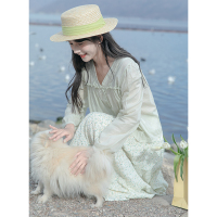 cache小清新蕾丝边小V领衬衫2022年春学院风可爱甜糯薄荷清新甜美