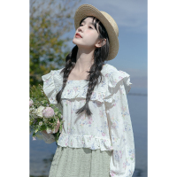 cache清新甜美碎花衬衫2022年法式复古小个子元气可爱领口花边