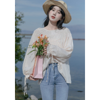 cache个性领口圆领衬衫2022年春日系甜美压褶设计袖口抽绳蝴蝶结