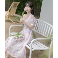 CACHE雪纺连衣裙女2022清新法式洋气减龄森系收腰显瘦泡泡袖中长裙