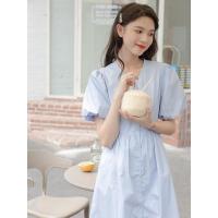 CACHE蓝色泡泡袖连衣裙2022春季新款韩版宽松单排扣v领短袖高腰a