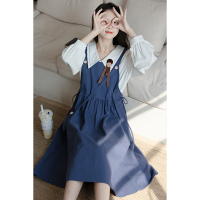 CACHE克莱因蓝色背带裙女2022春韩版休闲学院风宽松系带收腰连衣裙