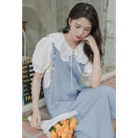 CACHE蓝色牛仔背带裙2022夏季新款韩版宽松绣花设计感小众甜美连