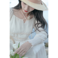 CACHE系带可拆卸花朵挂脖连衣裙2022春法式浪漫复古精致松紧袖口