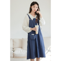 CACHE简约蓝色背带裙女2022春韩版学院风宽松小个子百搭简约系带