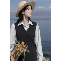 CACHE设计感黑色连衣裙女2022年法式复古时尚收腰显瘦假两件拼接