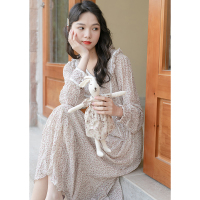 CACHE法式碎花v领连衣裙2022春复古收腰显瘦长袖温柔中长款雪纺裙