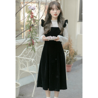 CACHE赫本高级感蕾丝黑色背带裙女2022复古法式百搭荷叶边中长款