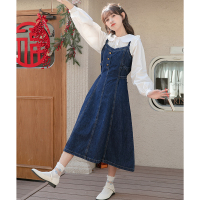 CACHE中长款深蓝色背带裙女2022春季韩版宽松百搭港风复古收腰显