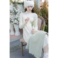 CACHE纯色半高领针织毛衣连衣裙女2022春法式小香风内搭木耳边减龄