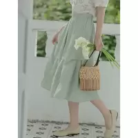 CACHE压褶绿色半身裙女2022年日系时尚不规则设计感A字高腰中长裙