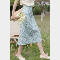 CACHE蓝色碎花半身裙夏季新款高腰显瘦裙子小清新法式复古小众a字
