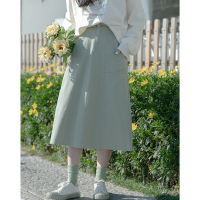 CACHE丝滑复古抹茶绿半身裙2022年春韩版学院风小清新大口袋百搭