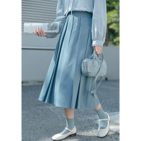 CACHE中长款蓝色百褶裙女2022年春季日系甜美气质简约学院风高腰